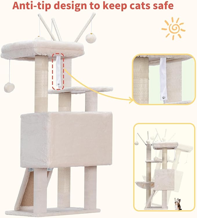 Hey-brother Cat Tree Tower, Scratching Posts with Removable Toys, Cozy Condo, Platform, Hammock, Sisal Scratch Board and Ball for Indoor Kittens, 41.3 Inches, Beige MPJ008SM