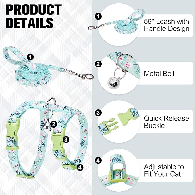 BEAUTYZOO Cat Harness and Leash Set Escape Proof for Walking, Kitten Soft Adjustable Vest Harnesses for Small Medium Large Cats, Easy Control Breathable Plaid Ribbon Nylon for Outdoor Indoor Use