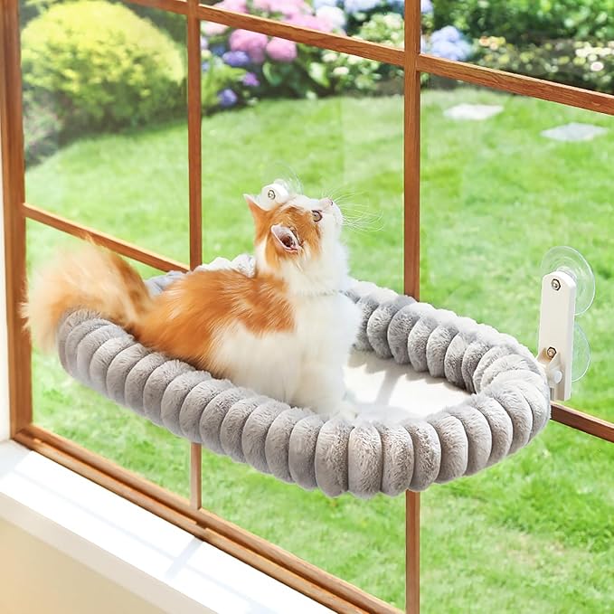 Zakkart SnugCloud Foldable Cat Window Perch - Cordless, Ultra Soft Machine Washable Bed with 4-Sided Bolster, Metal Frame - Window Hammock for Large Cats and Kittens (Gray, Large)