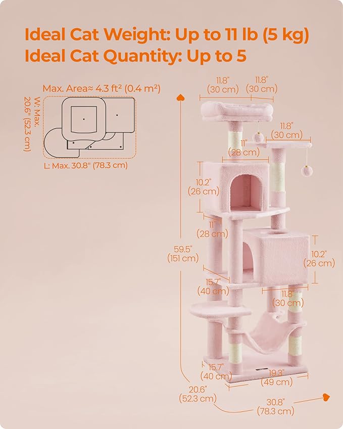 Feandrea Cat Tree, 59.5-Inch Tall Cat Tower, Plush Multi-Level Condo with 5 Scratching Posts, 2 Perches, 2 Caves, Hammock, 2 Pompoms, Jelly Pink UPCT192P01