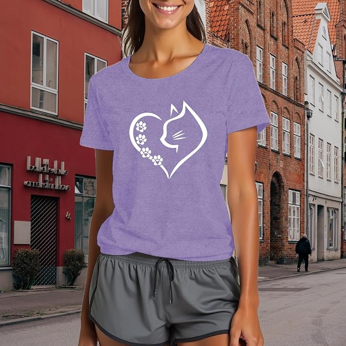 Cat Shirts for Women Cat Mom Tshirts Pet Lover Shirt Cats Paw Print Tee Tops