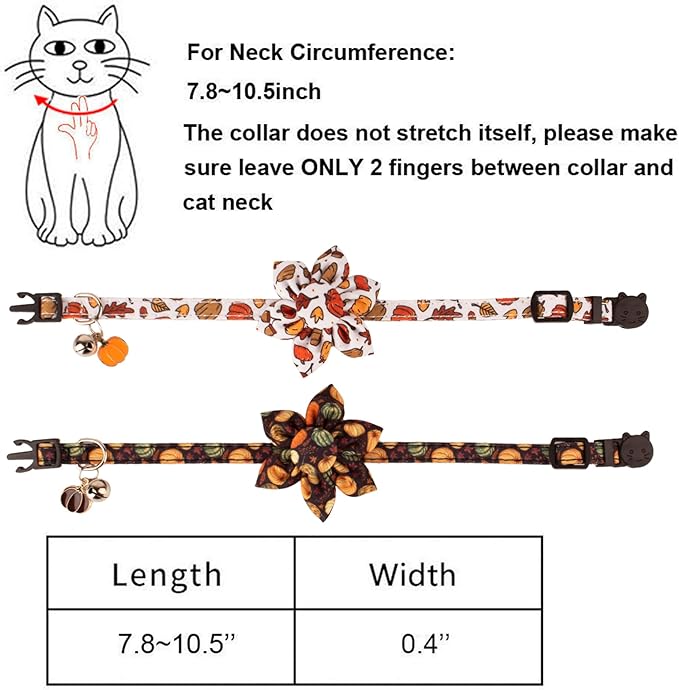 ADOGGYGO Thanksgiving Cat Collars with Removable Flower Bell, Adjustable Thanksgiving Fall Pumpkin Floral Collars for Girl Cats & Kittens