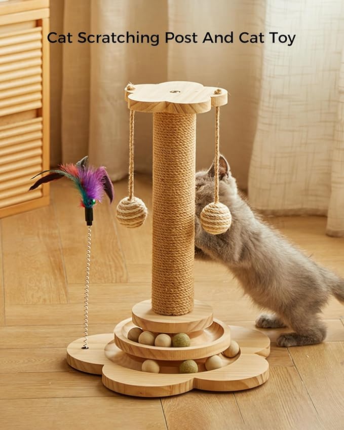 Cat Scratching Post, 4 in 1 Wooden Cat Scratcher Toy, 17.7" Tall Scratch Post with 2 Level Cat Track Balls, Interactive Feather Toy and 2 Sisal Hanging Balls for Indoor Kittens, Adult Cats