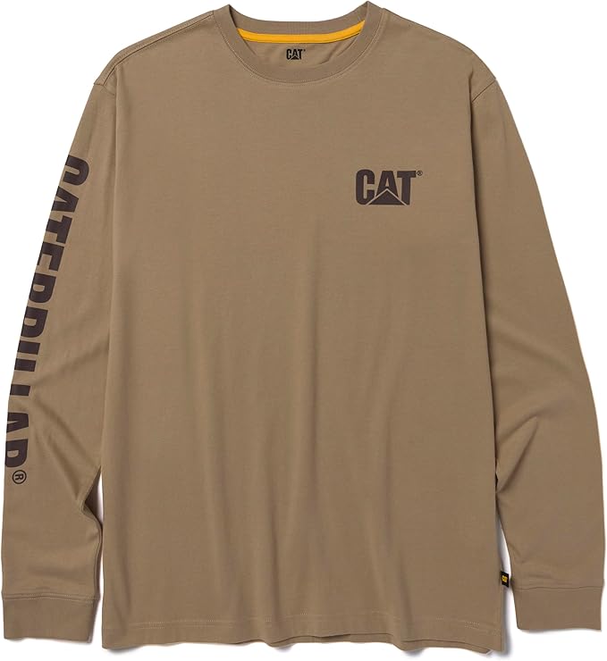 Caterpillar Trademark Banner Long Sleeve Tee Shirts for Men with Center Back Neck Wire Management Loop and Cat Workwear Logo