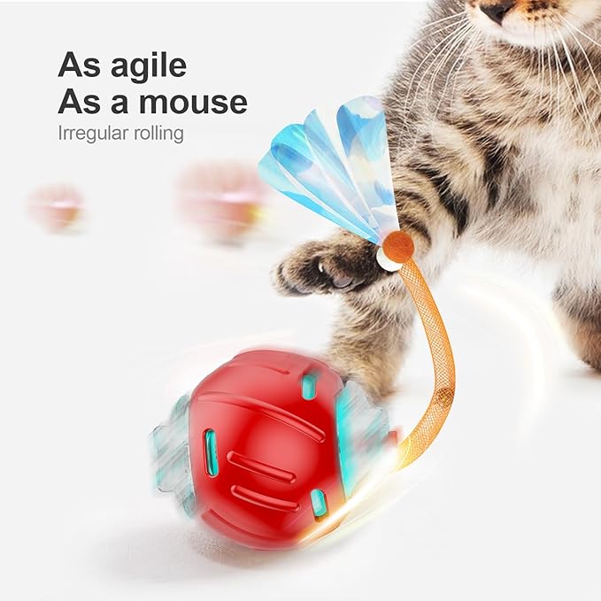 Interactive Cat Toys for Indoor Cats,The 3rd Generation Agile Moving Cat Ball with Elastic Mesh Tail,Automatic Kitten Toys for Bored Indoor Cats (Red)