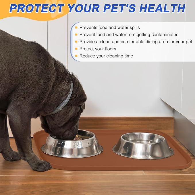 Silicone Pet Feeding Mat with Raised Edge for Food and Water, Dog Bowl Mats, Cat Bowls Placemat with High Lip for Floor Waterproof, Rubber Tray for Cats and Dogs 19 x 12 x0.7 Brown