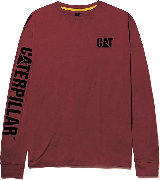 Caterpillar Trademark Banner Long Sleeve Tee Shirts for Men with Center Back Neck Wire Management Loop and Cat Workwear Logo