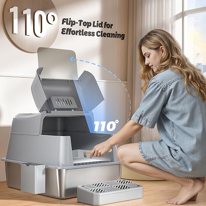 Shikha Stainless Steel Cat Litter Box with 110° Flip-Top Lid -XXL Top Entry Enclosed Litter Box for Large Cats with Deodorization Box, Odor-Free, Non-Sticky, Anti-Leak, Removable Lid for Easy Cleaning