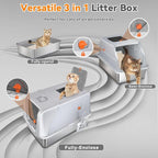 Stainless Steel Cat Litter Box with Lid, 180° Flip Top XXL Enclosed Litter Box with Cat Pedal Step Stool & Scoop, Front Top Dual Entry Steel Extra Large Cats Litter Pan, Light Grey