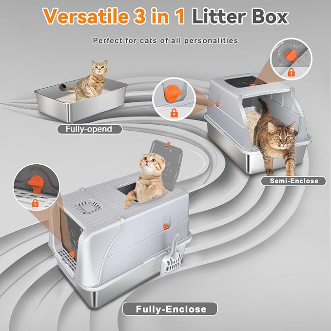 Stainless Steel Cat Litter Box with Lid, 180° Flip Top XXL Enclosed Litter Box with Cat Pedal Step Stool & Scoop, Front Top Dual Entry Steel Extra Large Cats Litter Pan, Light Grey