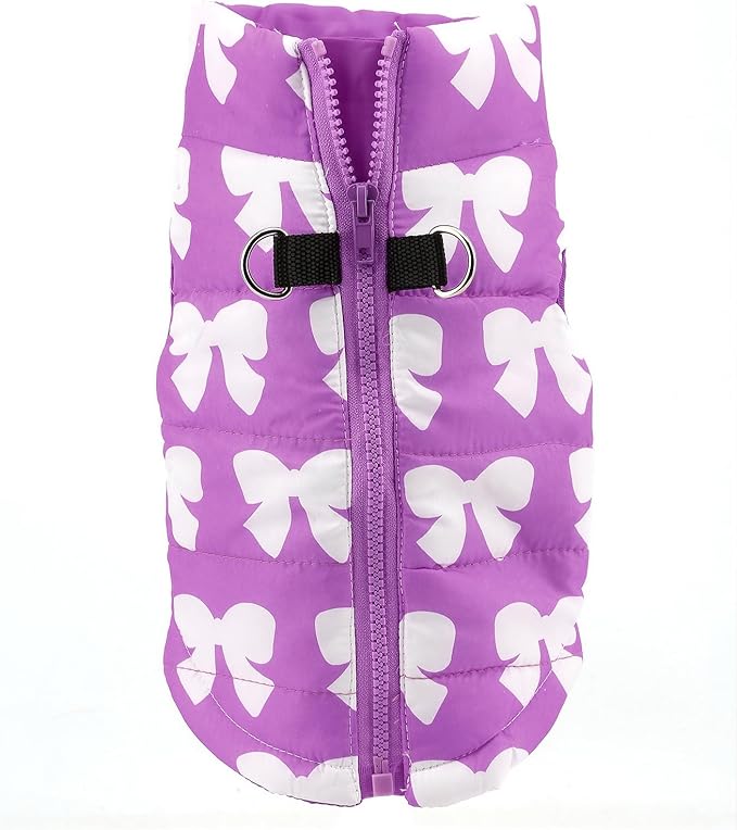 SMALLLEE_LUCKY_STORE Pet Water Resistant Winter Jacket Vest with D-Ring for Small Dog Cat Zip-up Padded Puppy Coat Chihuahua Yorkie Kitten Warm Clothes, Purple, XL