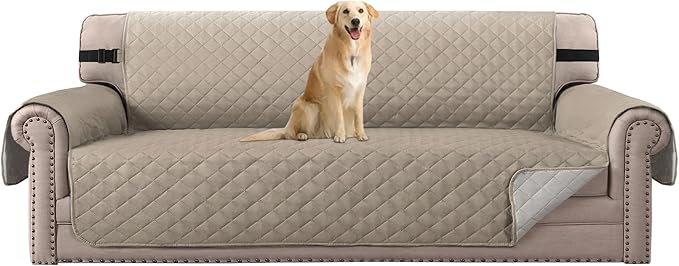 H.VERSAILTEX Water Resistant Couch Cover for 3 Cushion Couch Reversible Sofa Slipcover Quilted Furniture Protector with Elastic Strap Non Slip Sofa Cover for Dogs Pets(Oversized Sofa, Khaki/Beige)