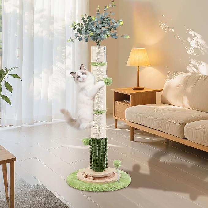 45'' Tall Cat Scratching Post,3.5Inch Diameter Sisal Rope Scratching Post for Indoor Cats Adults Kittens,Cat Scratcher with Interactive Ball Toys Self Groomer Brush for Large Cats