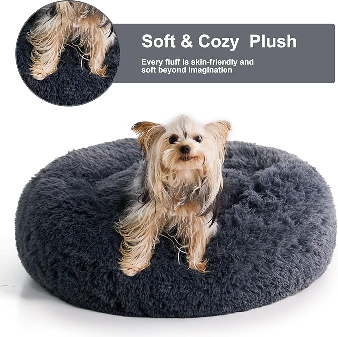WNPETHOME Donut Dog Beds Large Sized Dog,Anti-Anxiety Caming Large Pet Bed,Fluffy Faux Fur Plush Puppy Bed，Warming Cozy Soft Round Bed for Pet, Cat Cuddler Cushion
