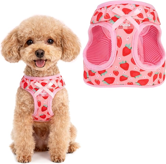 PUPTECK Dog Harness for Puppy and Small Sized Dogs, Step-in No Pull Soft Mesh Vest Harness for Cats Small Pets Walking, Pink Strawberry, New S
