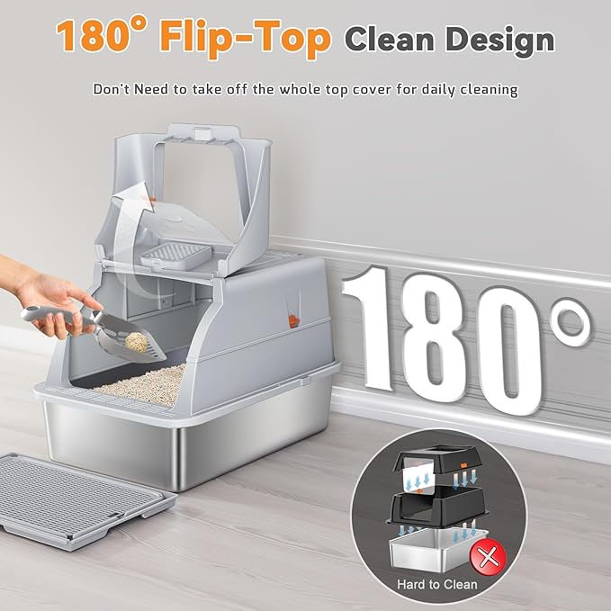Stainless Steel Cat Litter Box with Lid, 180° Flip Top XXL Enclosed Litter Box with Cat Pedal Step Stool & Scoop, Front Top Dual Entry Steel Extra Large Cats Litter Pan, Light Grey