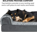 Furhaven Cooling Gel Dog Bed for Medium/Small Dogs w/ Removable Bolsters & Washable Cover, For Dogs Up to 35 lbs - Two-Tone Plush Faux Fur & Suede L Shaped Chaise - Stone Gray, Medium