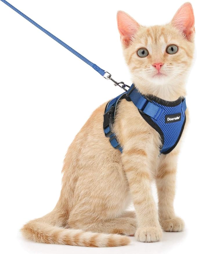 Dooradar Cat Harness and Leash Set, Escape Proof Safe Adjustable Kitten Vest Harnesses for Walking, Easy Control Soft Breathable Mesh Jacket with Reflective Strips for Cats, Blue, XS