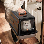 Stainless Steel Cat Litter Box with Lid, Extra Large Enclosed Metal Litter Pan with High Sides, Full Flip Cover Litter Box for Large Cat, Include Scoop & Step, Leak Proof Easy Clean Odor Control-Black