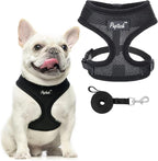 PUPTECK Soft Mesh Dog Harness and Leash Set Pet Puppy Cat Comfort Padded Vest No Pull Harnesses, Solid Black, L