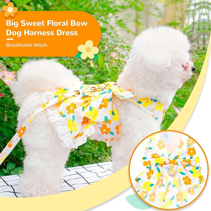 Dog Harness Dress Leash Set for Small Dog Summer Clothes Girl Female Puppy Cats Outfits Cute Floral Bowknot Princess Birthday Dress for Extra Small Pet Doggie Kitten Outfits Apparel(Yellow,L)