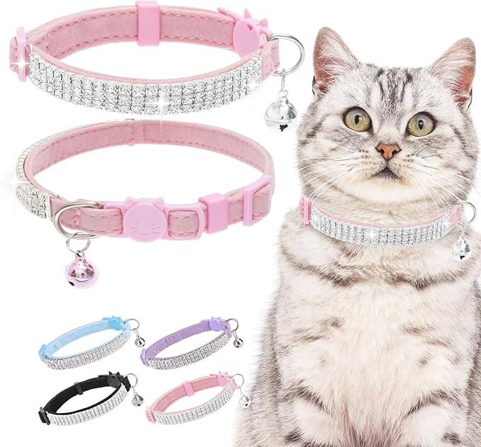 EXPAWLORER Soft Velvet Safe Cat Collars for Girl Cats - Rhinestones Bling Diamante Adjustable Collars Breakaway- Chirstmas Cat Clollar Gifts with Bells for Boy Cats Kitty and Small Dogs