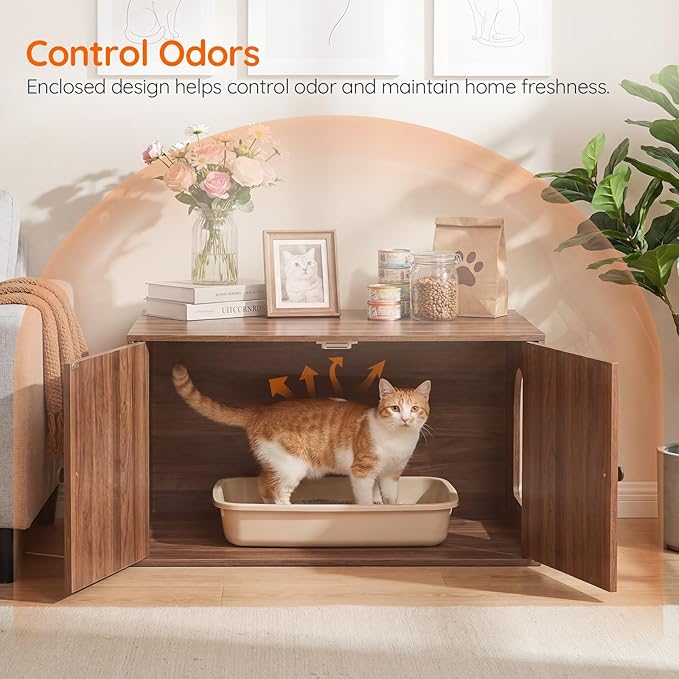 HOOBRO Cat Litter Box Enclosure, Hidden Litter Box Furniture with Side Entry, Litter Box Cabinet, Indoor Cat House, End Side Table, 31.5"L x 17.7"W x 16.3"H, for Living Room, Bathroom, Walnut WL40MW01