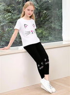 4-8T Toddler Girl Clothes Cat face print Short Sleeve Top+Pants Outfits Girl Spring and summer 2-Piece Set