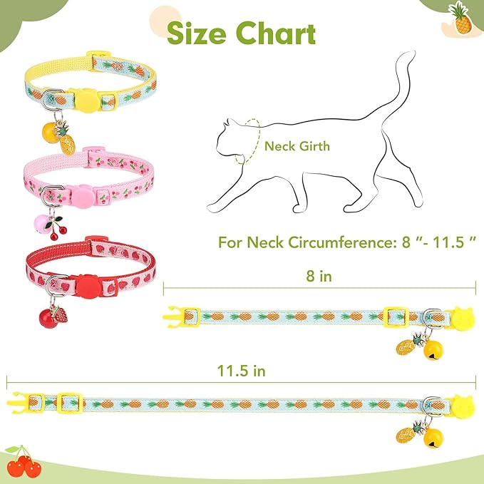 BINGPET Breakaway Cat Collar with Bell, 3 Pack Cat Collars for Girl Cats, Cute Kitty Collars Accessories with Pineapple & Cherry & Strawberry
