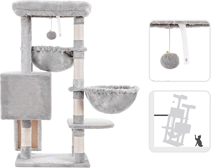 Hey-brother Cat Tree, Cat Tower for Indoor Cats, Cat House with Large Padded Bed, Cozy Condo, Hammocks, Sisal Scratching Posts, Big Scratcher, Light Gray MPJ006SW