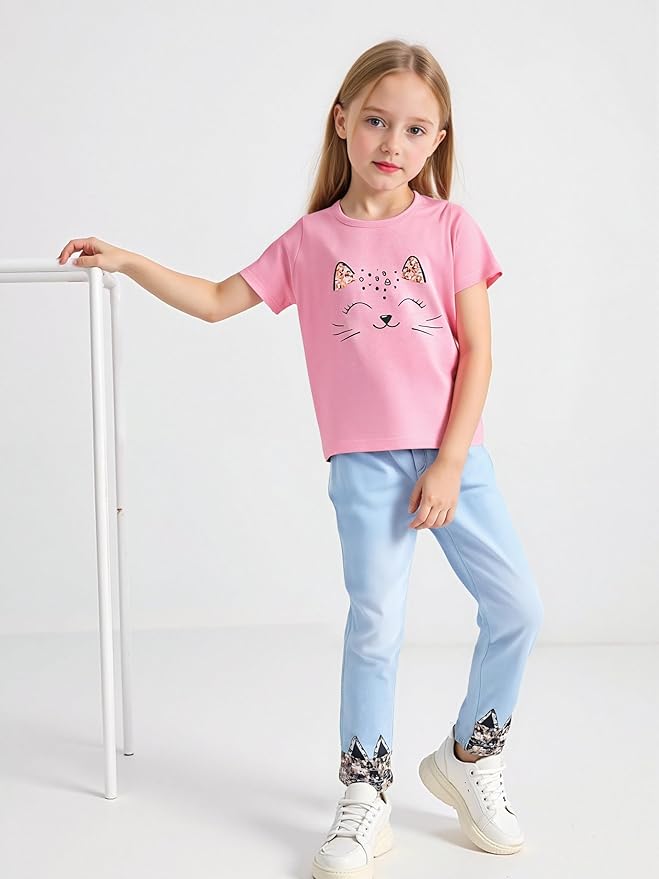 4-8T Toddler Girl Clothes Cat face print Short Sleeve Top+Pants Outfits Girl Spring and summer 2-Piece Set