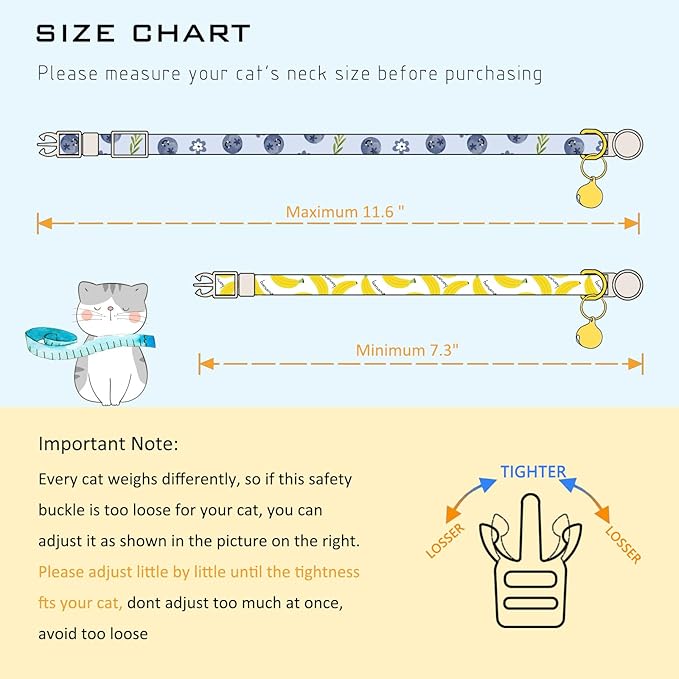 Faygarsle 2 Pack Blueberry Banana Pattern Cat Collars Breakaway Safety Collar with Bell Spring Summer Design for Girl Cats,Yellow Light Blue
