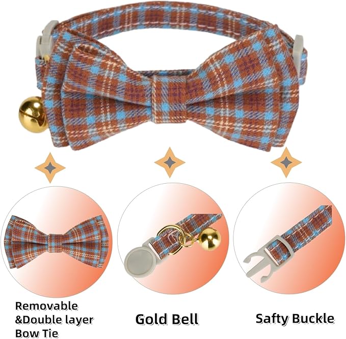 2 Pack Soft Cotton Cat Collars with Bowtie and Bell Breakaway Plaid Cat Kitten Collar(Beige and Amber)