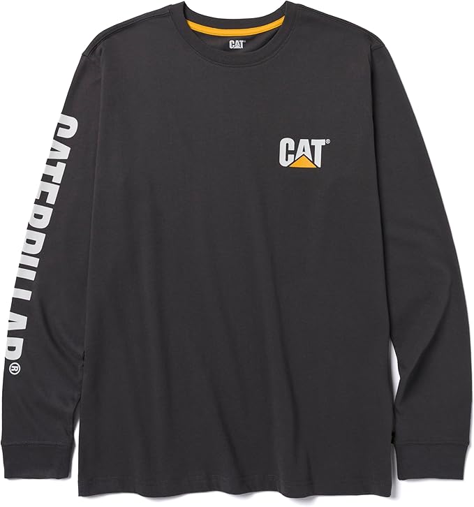 Caterpillar Trademark Banner Long Sleeve Tee Shirts for Men with Center Back Neck Wire Management Loop and Cat Workwear Logo