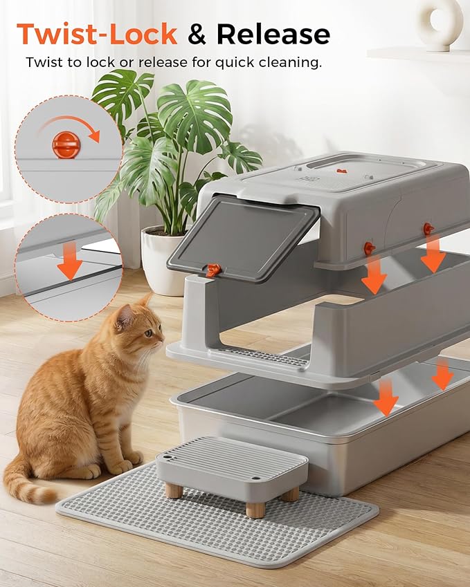 GTPLAYER XXXL Stainless Steel Cat Litter Box with Lid, Dual-Entry Enclosed Litterbox (Front Entry & Top Exit), High-Sided, Non-Stick, Odor Control, for Big Cats, with Mat, Scoop & Step, Grey