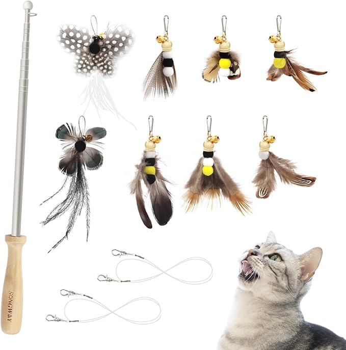 SONGWAY Cat Toys Feather Wand - Retractable Cat Wand Toy and 8 Pieces Insect Cat Feather Toys with Bell, Interactive Cat Toys for Indoor Cats Kittens