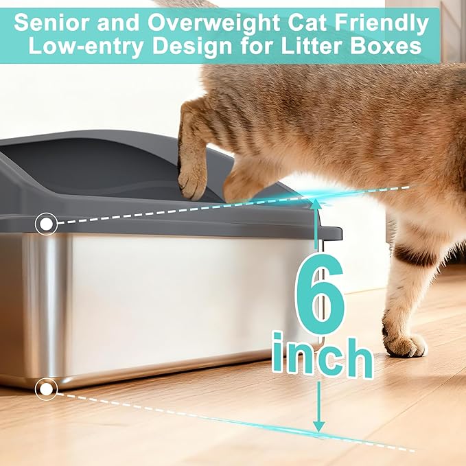 Stainless Steel Litter Box | XL Enclosed Cat Litter Boxs with Lid for Big Cats | High Sided, Anti-Urine Leakage | Non-Stick Bottom & Includes Scoop
