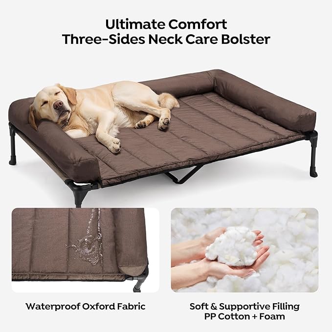 Veehoo Cooling Elevated Dog Bed Add Removable Waterproof Bolster Cushion Mat, Raised Pet Cot with Breathable Teslin Mesh, No-Slip Feet, Dog Couch Bed for Indoor Outdoor, 53 inches, Brown