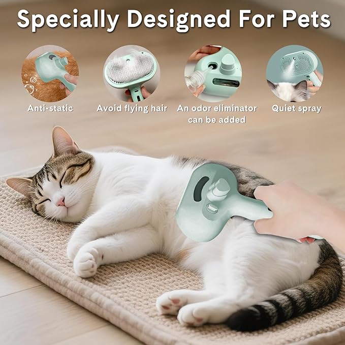 Pet Steam Brush for Dogs & Cats - 2-in-1 Deshedding & Detangling Tool with Steam Spray, Anti-Static Grooming Brush for Long/Short Haired Pets, Waterless Cleaning & Massage(Green)