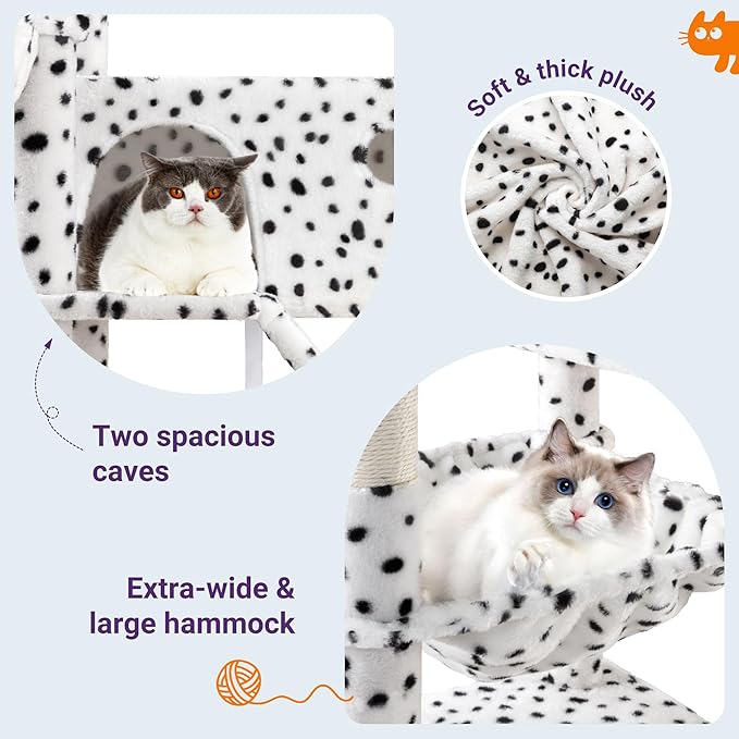 Allewie 81 Inches Tall Cat Tree/Multi-Level Large Climbing Tree House and Towers for Big Feline/Condo and Hammock/Scratching Post/Wide Base/White & Black Spot