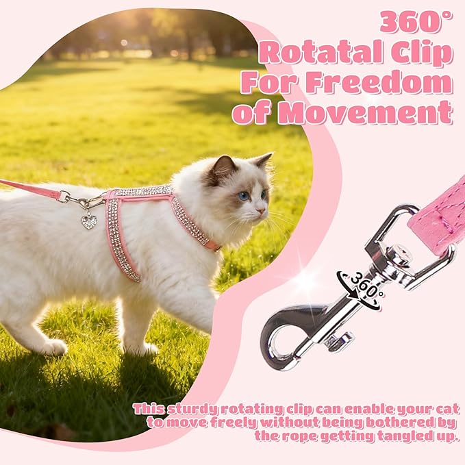 EXPAWLORER Cat Harness and Leash Set - Escape Proof Adjustable Cat Harness, H-shped Comfortable Soft Lightweight Kitten Harness for Outdoor Walking, for Small Medium Cats,Pink Rhinestones S