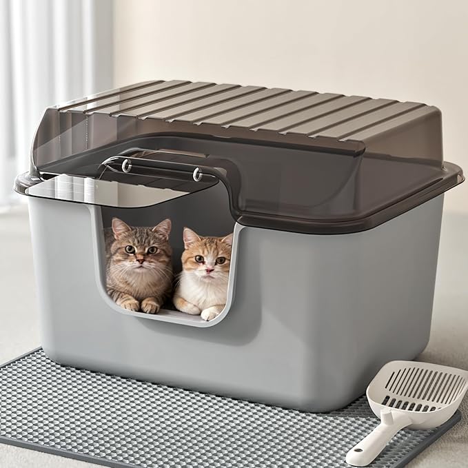 Oneluck Large Cat Litter Box with Transparent Covered,Mat and Scoop, Convenient for Observing Cats, Front Door Flap for Privacy, Gray (23.5" L x 16.9" W x 15.76" H) (23.5" L x 16.9" W x 15.76" H)