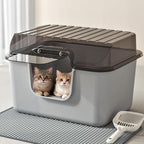 Oneluck Large Cat Litter Box with Transparent Covered,Mat and Scoop, Convenient for Observing Cats, Front Door Flap for Privacy, Gray (23.5" L x 16.9" W x 15.76" H) (23.5" L x 16.9" W x 15.76" H)