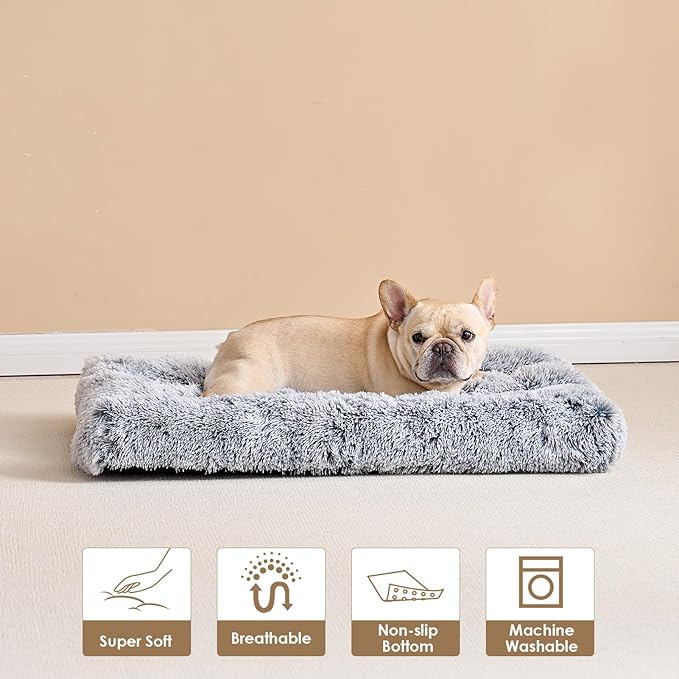 EHEYCIGA Fluffy Dog Crate Bed for Medium Dogs, Plush Faux Fur Crate Pad, Calming Anti Anxiety Medium Dog Bed, Washable Soft Warm Crate Mat with Non-Slip Bottom