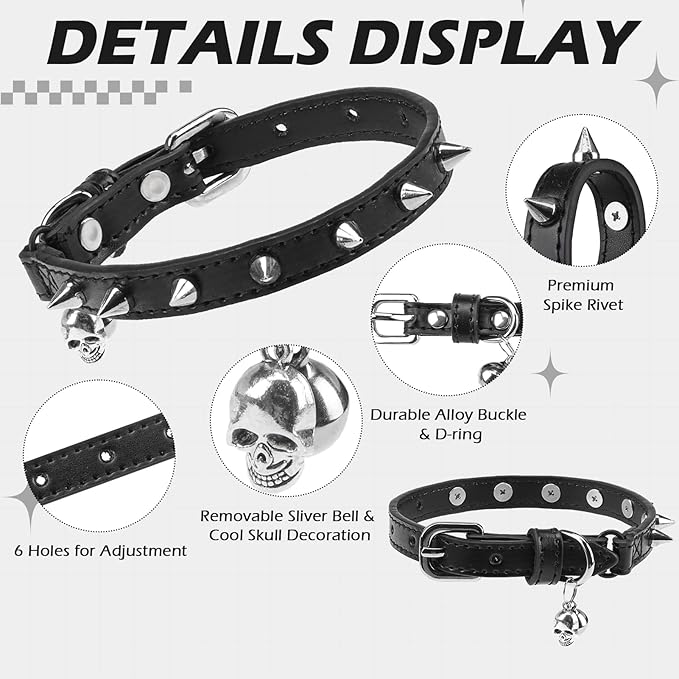 EXPAWLORER Leather Cat Collar for Girl Boy- Adjustable Pet Collar with Safety Elastic Belt,Personalized Punk Accessories Buckle Collars with Bell & Durable D-Ring,Pure Rivets(Black)