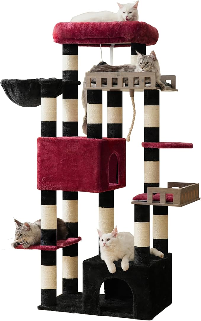 Maine Coon Cat Tree, Heavy Duty Cat Tree for Indoor Cats Large Adult, Gothic Cat Tower for Large Cats 20 lbs+ with Hammock, 2 Big Perches, 2 Cat Condos, 15 Scratching Posts, Black GCT033BR