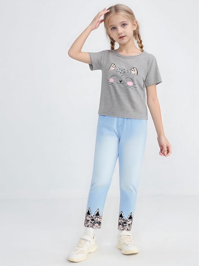 4-8T Toddler Girl Clothes Cat face print Short Sleeve Top+Pants Outfits Girl Spring and summer 2-Piece Set