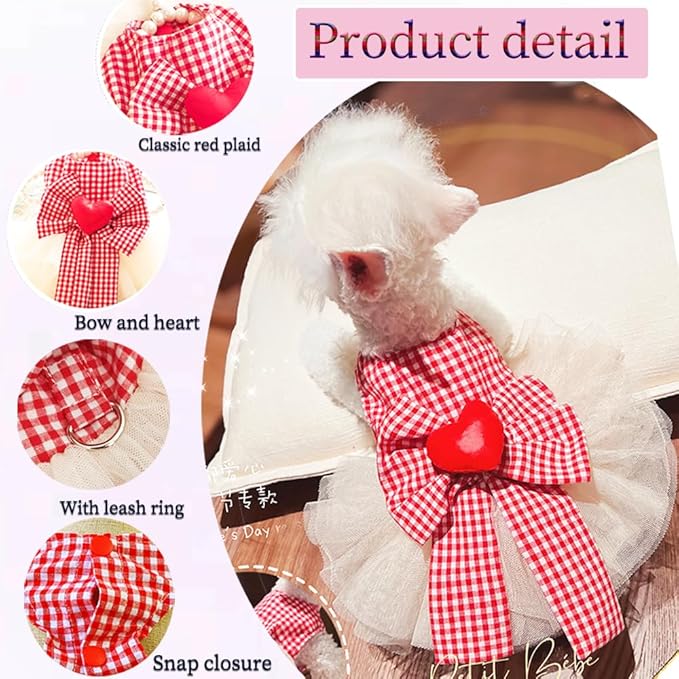 Plaid Small Dog Dress with Leash Ring Valentines Cat Outfit Dog Tutu Princess Holiday Puppy Clothes with Bow Knot and Heart Pet Apparel for Kitten Chihuahua Yorkie (Red, Large)