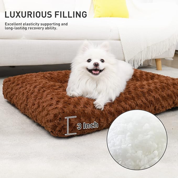 KSIIA Washable Dog Bed Deluxe Plush Dog Crate Beds Comfy Kennel Pad Anti-Slip Pet Sleeping Mat for Large, Jumbo, Medium, Small Dogs Breeds, 23" x 18", Brown