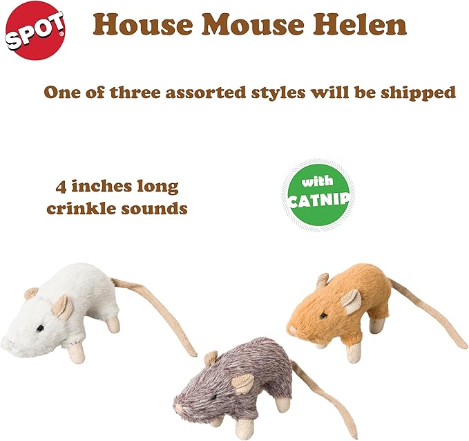 SPOT House Mouse Helen Cat Toy with Catnip – Lifelike Plush Mouse, Crinkle Sound, 4in Small Size for Kittens and Cats, Batting, Chasing, Playing – Assorted Colors